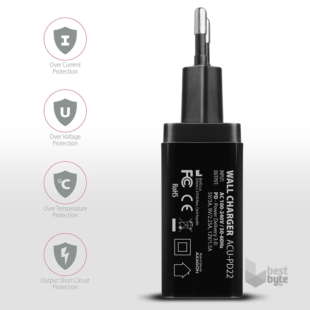 Axagon ACU-PD22 USB-C PD fekete fali töltő