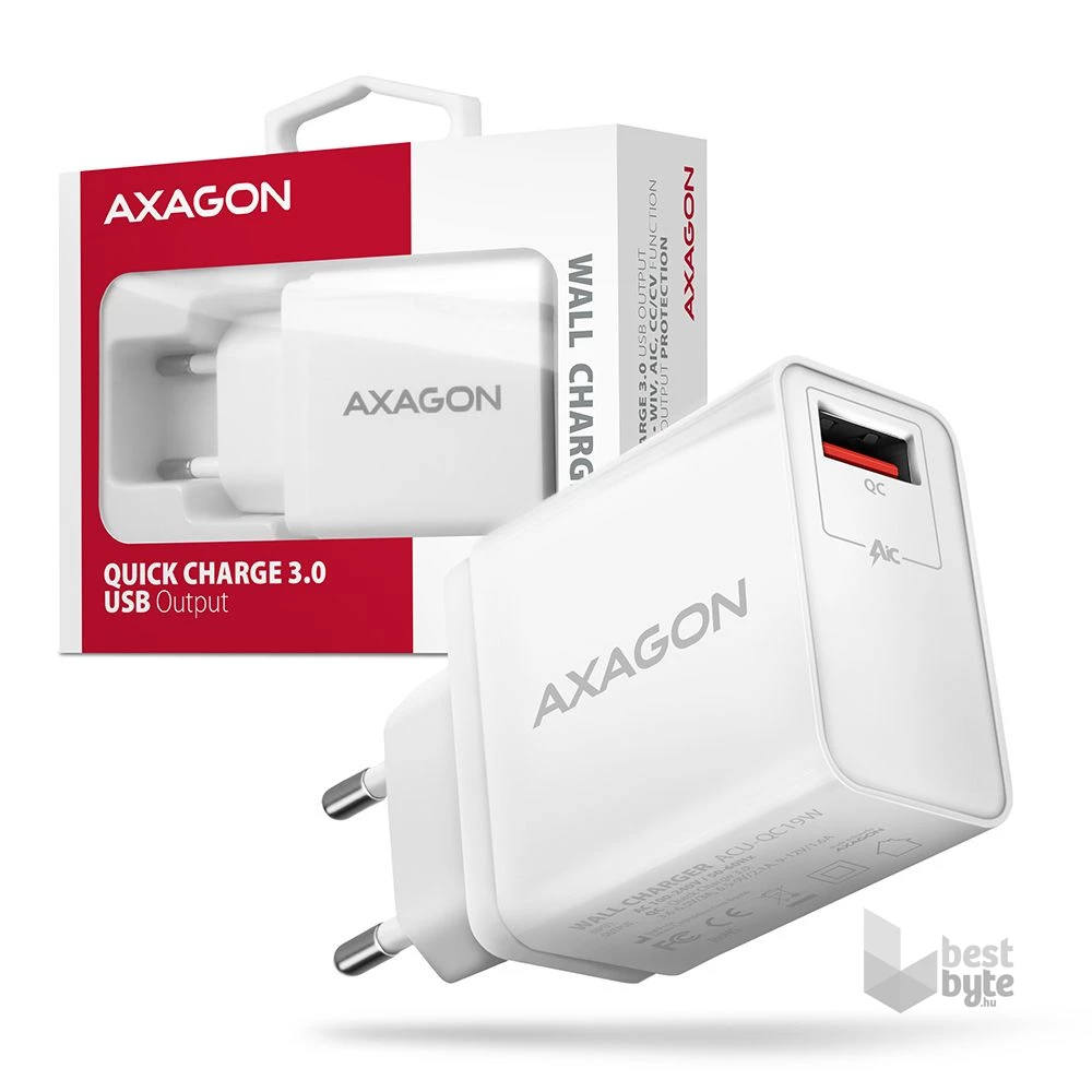 Axagon ACU-QC19W 1xUSB QC 3.0 19W fehér hálózati gyorstöltő adapter