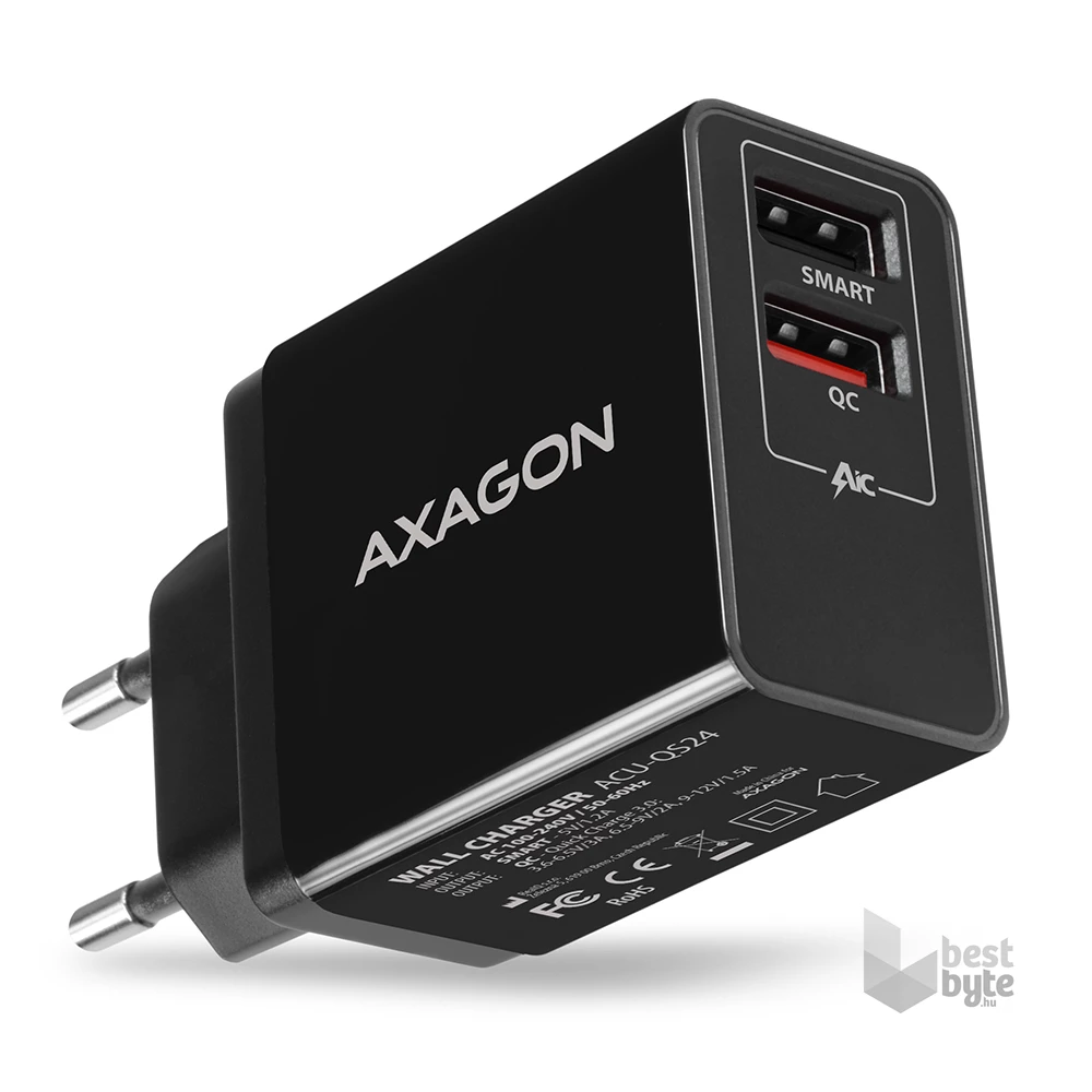 Axagon ACU-QS24 QC3.0 + 5V-1.2A fekete fali töltő
