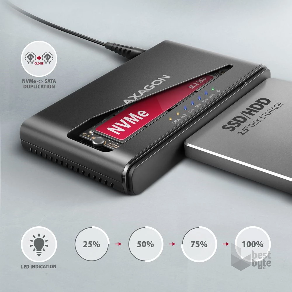 Axagon ADSA-CC USB-C 10Gbps NVMe M.2/SATA 2,5"/3,5" HDD/SSD másoló