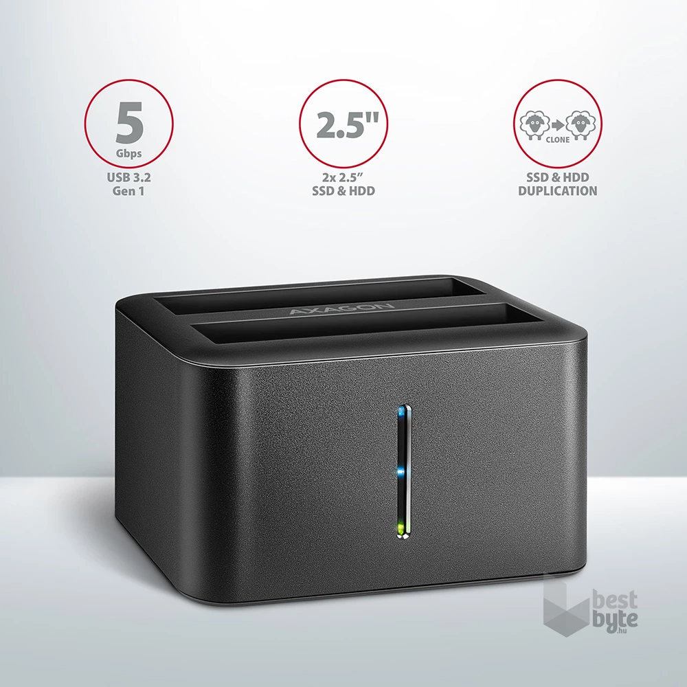 Axagon ADSA-D25 USB 3.2 Gen1 SATA fekete dual dokkoló állomás
