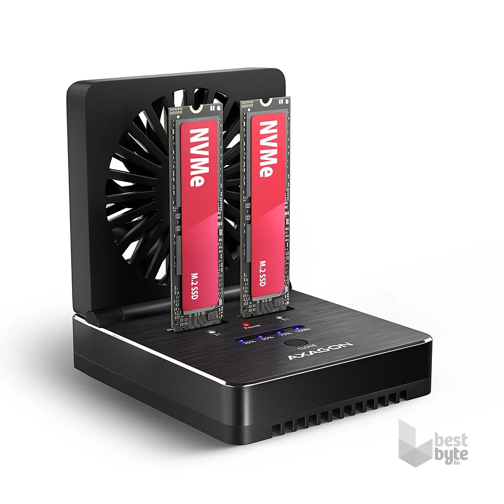 Axagon ADSA-M2C22 USB-C 20Gbps dokkolóállomás 2x M.2 NVMe / SATA SSD-hez, PC nélküli lemezklónozási funkcióval