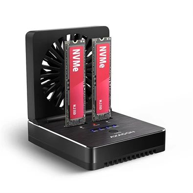 Axagon ADSA-M2C22 USB-C 20Gbps dokkolóállomás 2x M.2 NVMe / SATA SSD-hez, PC nélküli lemezklónozási funkcióval