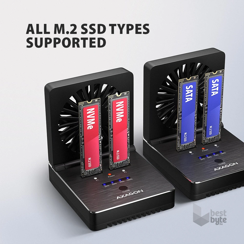 Axagon ADSA-M2C22 USB-C 20Gbps dokkolóállomás 2x M.2 NVMe / SATA SSD-hez, PC nélküli lemezklónozási funkcióval