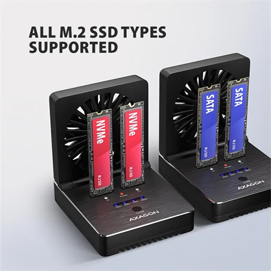 Axagon ADSA-M2C22 USB-C 20Gbps dokkolóállomás 2x M.2 NVMe / SATA SSD-hez, PC nélküli lemezklónozási funkcióval