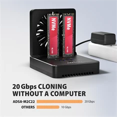 Axagon ADSA-M2C22 USB-C 20Gbps dokkolóállomás 2x M.2 NVMe / SATA SSD-hez, PC nélküli lemezklónozási funkcióval