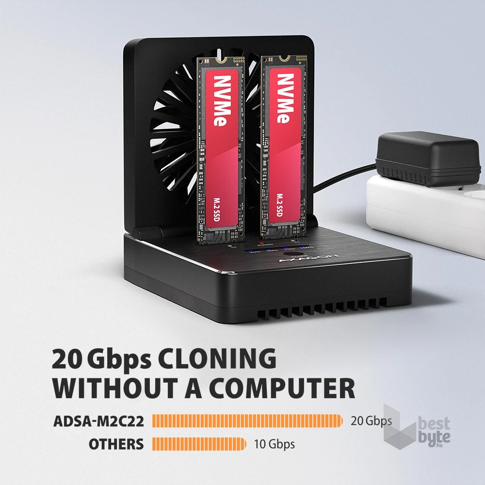 Axagon ADSA-M2C22 USB-C 20Gbps dokkolóállomás 2x M.2 NVMe / SATA SSD-hez, PC nélküli lemezklónozási funkcióval