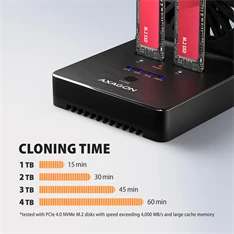 Axagon ADSA-M2C22 USB-C 20Gbps dokkolóállomás 2x M.2 NVMe / SATA SSD-hez, PC nélküli lemezklónozási funkcióval