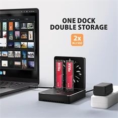 Axagon ADSA-M2C22 USB-C 20Gbps dokkolóállomás 2x M.2 NVMe / SATA SSD-hez, PC nélküli lemezklónozási funkcióval