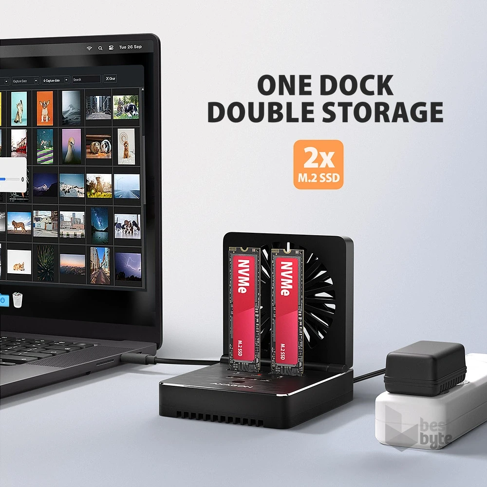 Axagon ADSA-M2C22 USB-C 20Gbps dokkolóállomás 2x M.2 NVMe / SATA SSD-hez, PC nélküli lemezklónozási funkcióval