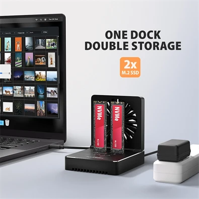 Axagon ADSA-M2C22 USB-C 20Gbps dokkolóállomás 2x M.2 NVMe / SATA SSD-hez, PC nélküli lemezklónozási funkcióval