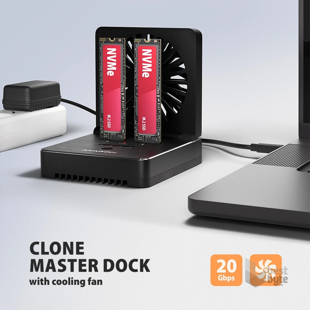Axagon ADSA-M2C22 USB-C 20Gbps dokkolóállomás 2x M.2 NVMe / SATA SSD-hez, PC nélküli lemezklónozási funkcióval