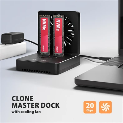 Axagon ADSA-M2C22 USB-C 20Gbps dokkolóállomás 2x M.2 NVMe / SATA SSD-hez, PC nélküli lemezklónozási funkcióval
