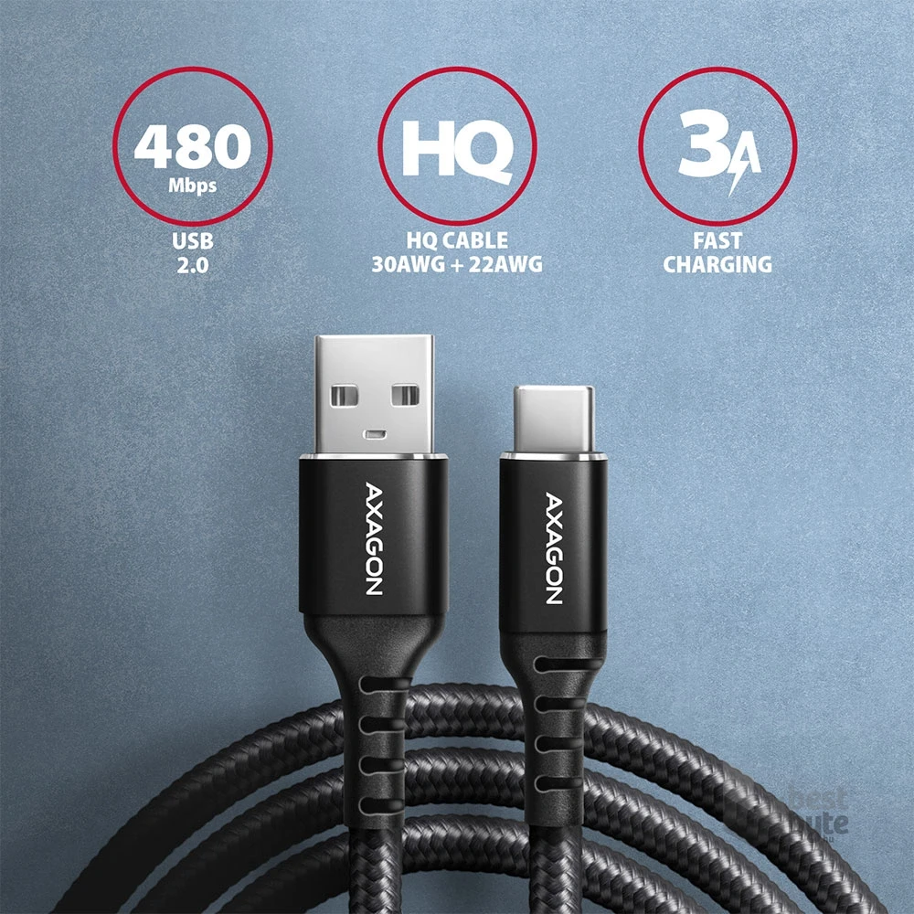 Axagon BUCM-AM10AB 1m Type C - USB fekete adat- és töltőkábel