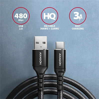 Axagon BUCM-AM10AB 1m Type C - USB fekete adat- és töltőkábel