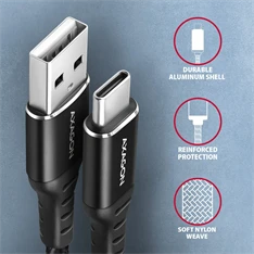 Axagon BUCM-AM10AB 1m Type C - USB fekete adat- és töltőkábel