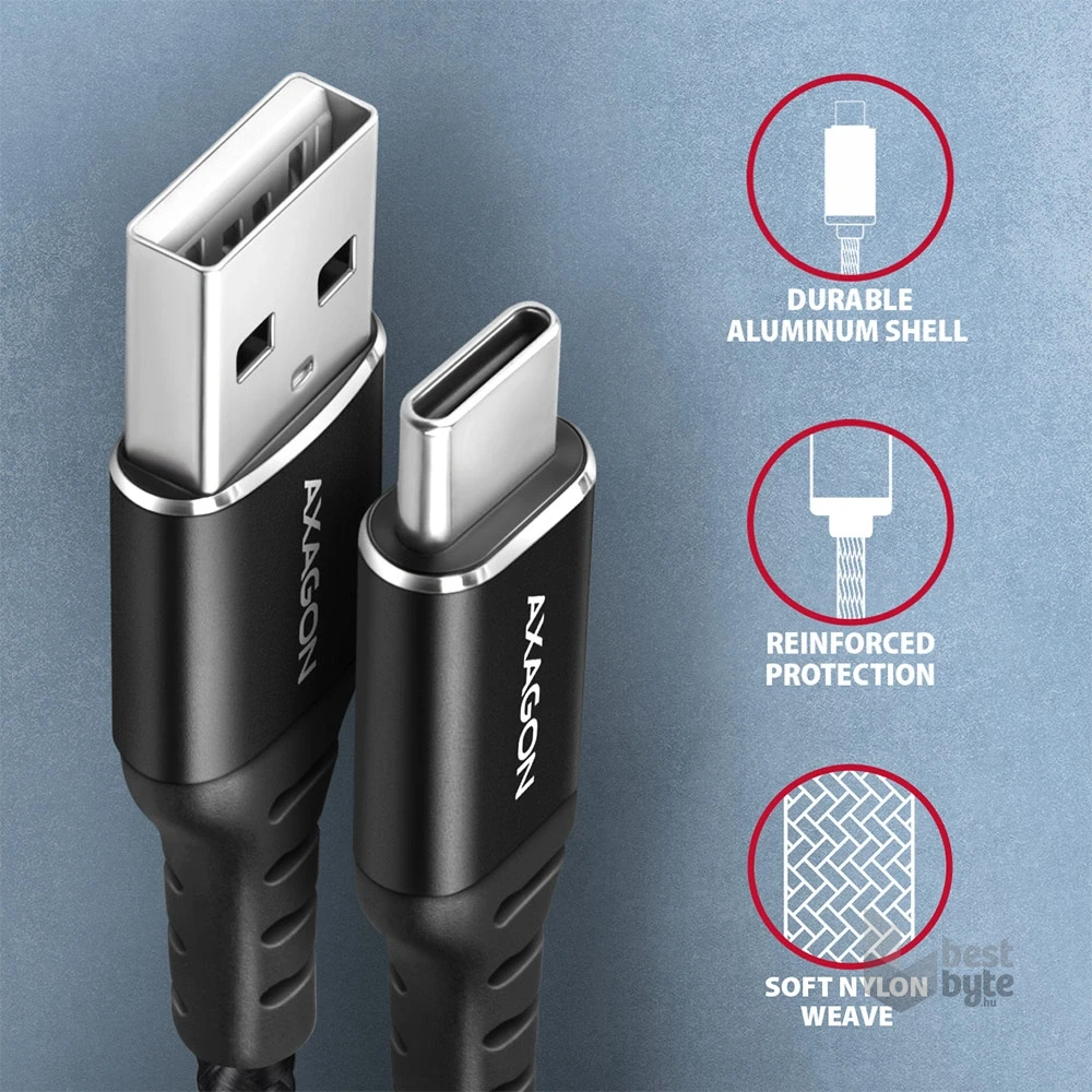 Axagon BUCM-AM10AB 1m Type C - USB fekete adat- és töltőkábel
