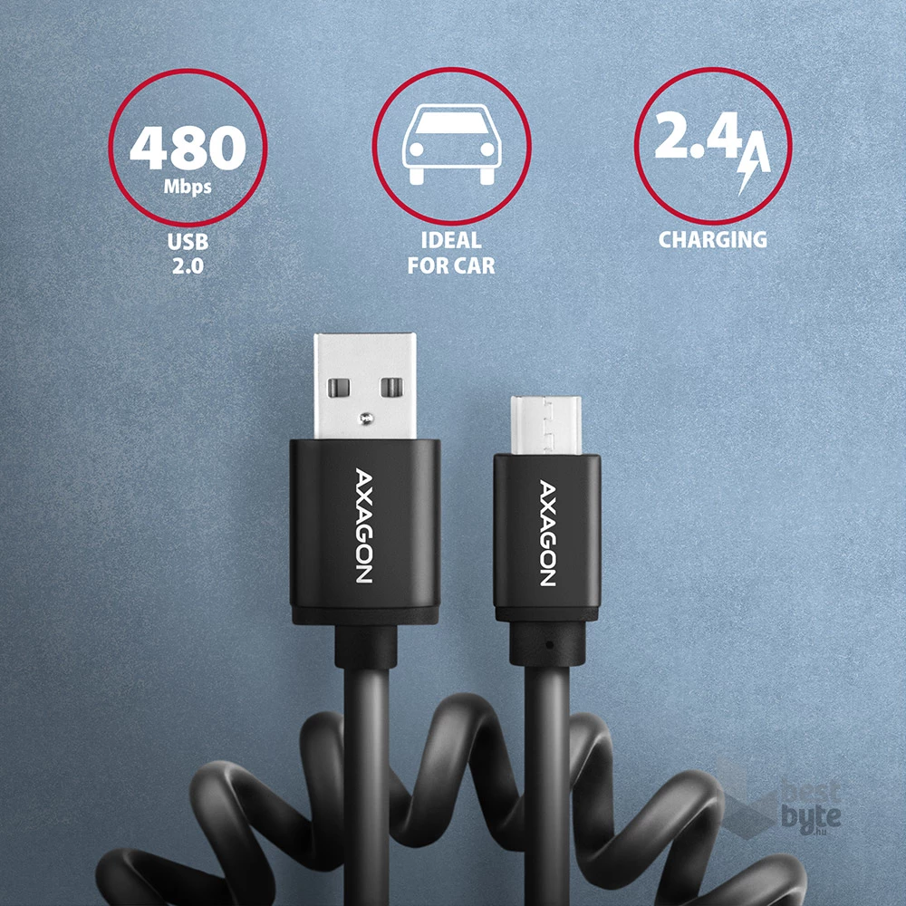 Axagon BUMM-AM10TB Twister micro USB 2.0 B - USB 2.0 A 0,6 m fekete csavart kábel