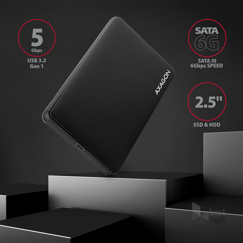 Axagon EE25-SLC USB 3.2 fekete csavar nélküli külső HDD/SSD ház