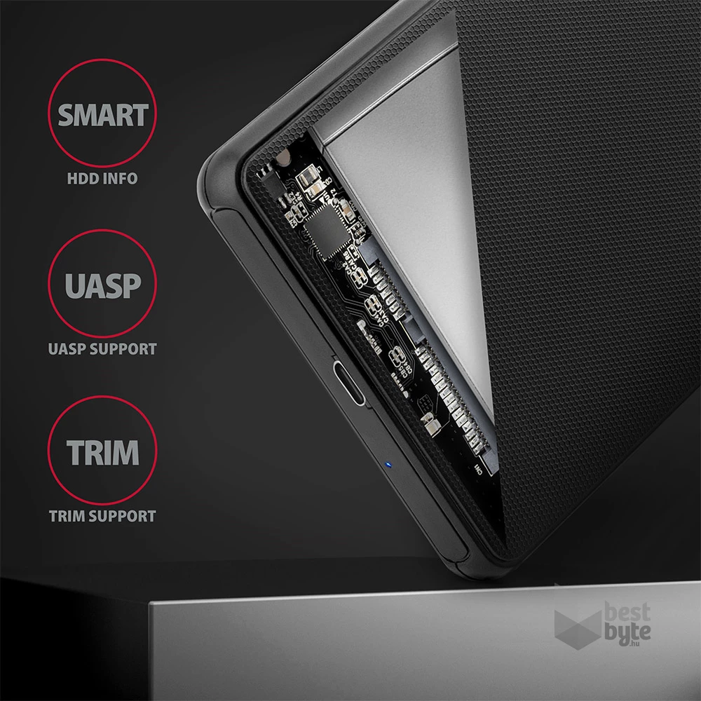 Axagon EE25-SLC USB 3.2 fekete csavar nélküli külső HDD/SSD ház