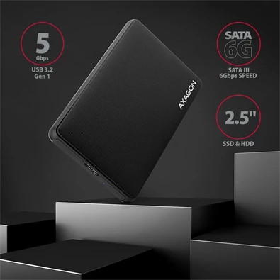 Axagon EE25-SL USB 3.2 fekete csavar nélküli külső HDD/SSD ház