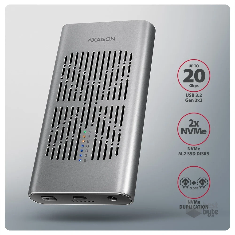 Axagon EEM2-20GD USB-C 20Gbps Dual M.2 NVMe SSD CLONE MASTER Enclosure külső USB-C 20Gbps fém SSD ház