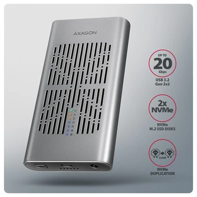Axagon EEM2-20GD USB-C 20Gbps Dual M.2 NVMe SSD CLONE MASTER Enclosure külső USB-C 20Gbps fém SSD ház