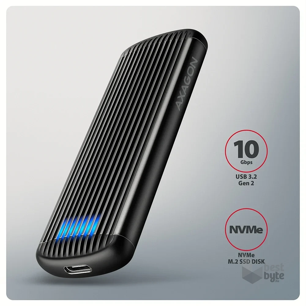 Axagon EEM2-SC USB-C 10Gbps - M.2 NVMe SSD RIBBED Box külső USB-C 10Gbps fém ház