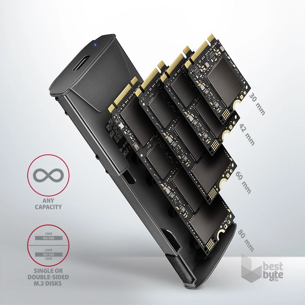 Axagon EEM2-GTS2 USB-C 3.2 Gen 2 M.2 NVMe/SATA szürke csavar nélküli külső SSD ház