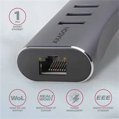 Axagon HMA-GL3AP 3 portos USB3.2. Gen 2 ezüst HUB Gigabit LAN porttal