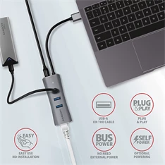 Axagon HMA-GL3AP 3 portos USB3.2. Gen 2 ezüst HUB Gigabit LAN porttal