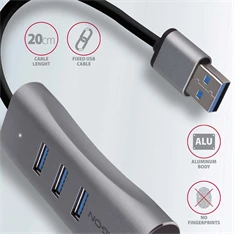 Axagon HMA-GL3AP 3 portos USB3.2. Gen 2 ezüst HUB Gigabit LAN porttal