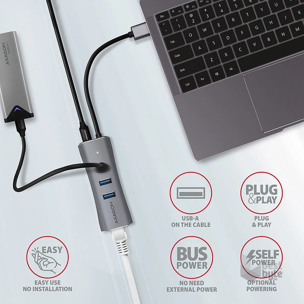 Axagon HMA-GL3AP 3 portos USB3.2. Gen 2 ezüst HUB Gigabit LAN porttal