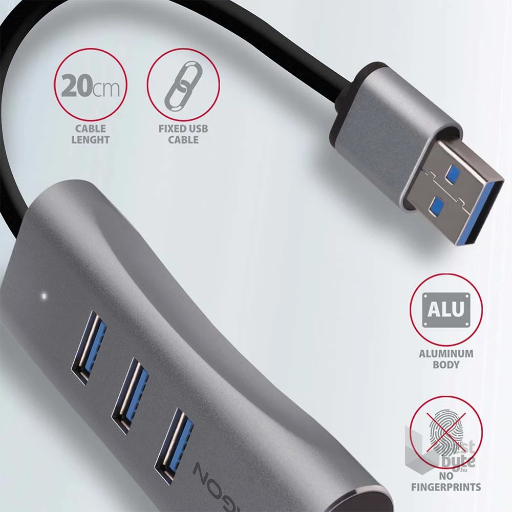 Axagon HMA-GL3AP 3 portos USB3.2. Gen 2 ezüst HUB Gigabit LAN porttal