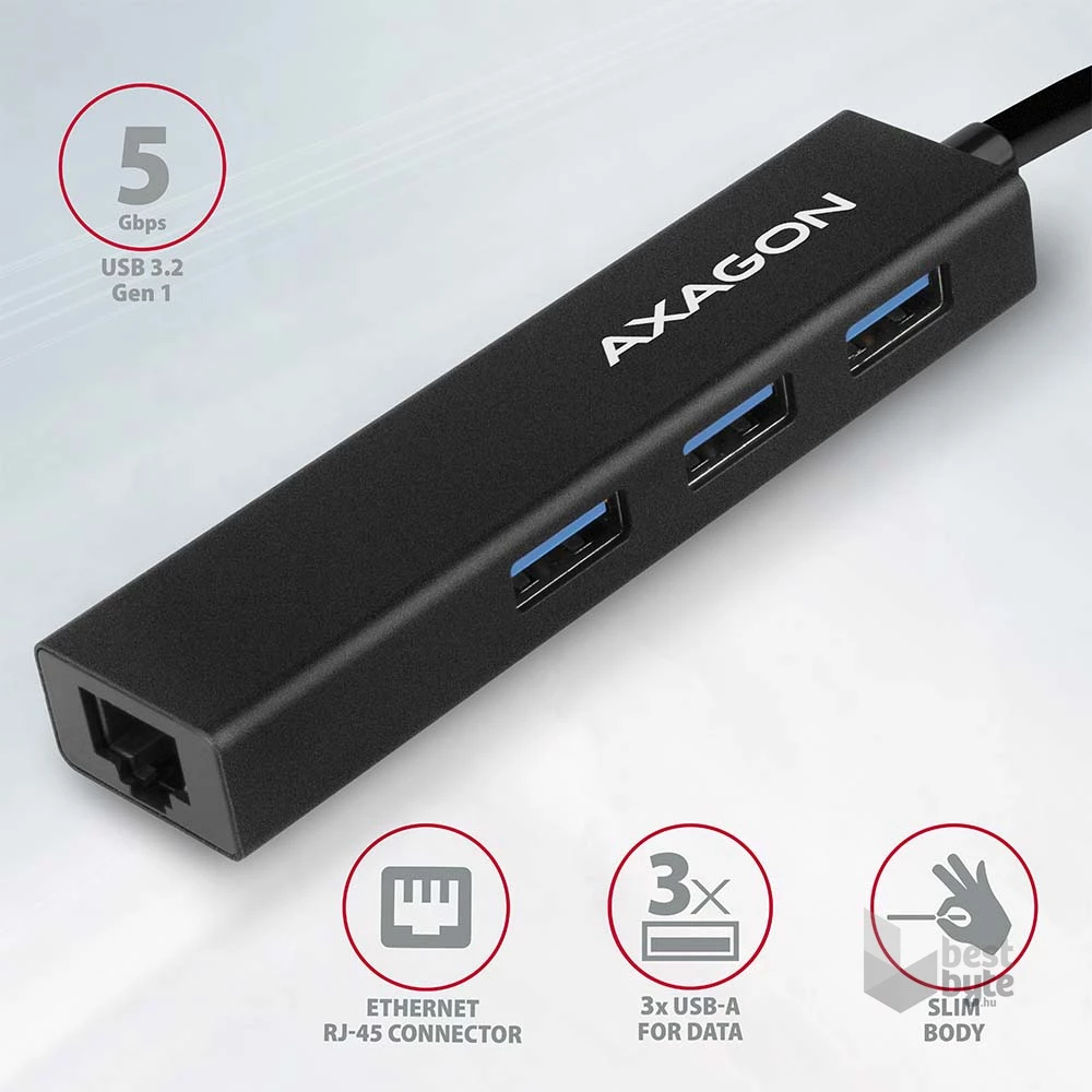 Axagon HMA-GL3A 3 portos USB3.2. Gen 2 fekete HUB Gigabit LAN porttal
