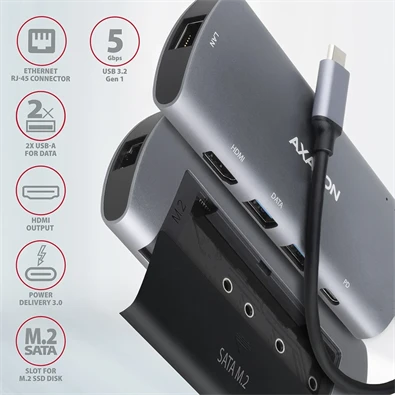 Axagon HMC-6M2 SUPERSPEED USB-C COMBO ezüst-fekete  6in1 hub