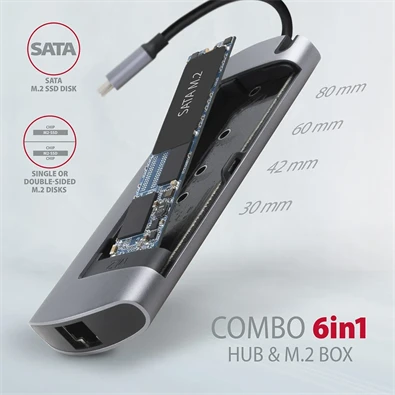 Axagon HMC-6M2 SUPERSPEED USB-C COMBO ezüst-fekete  6in1 hub