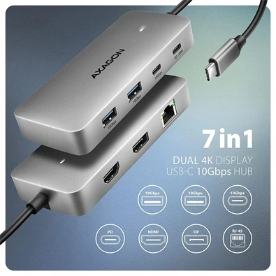 Axagon HMC-CUB83X2 USB-C 10Gbps DUAL 4K DISPLAY 7in1 hub
