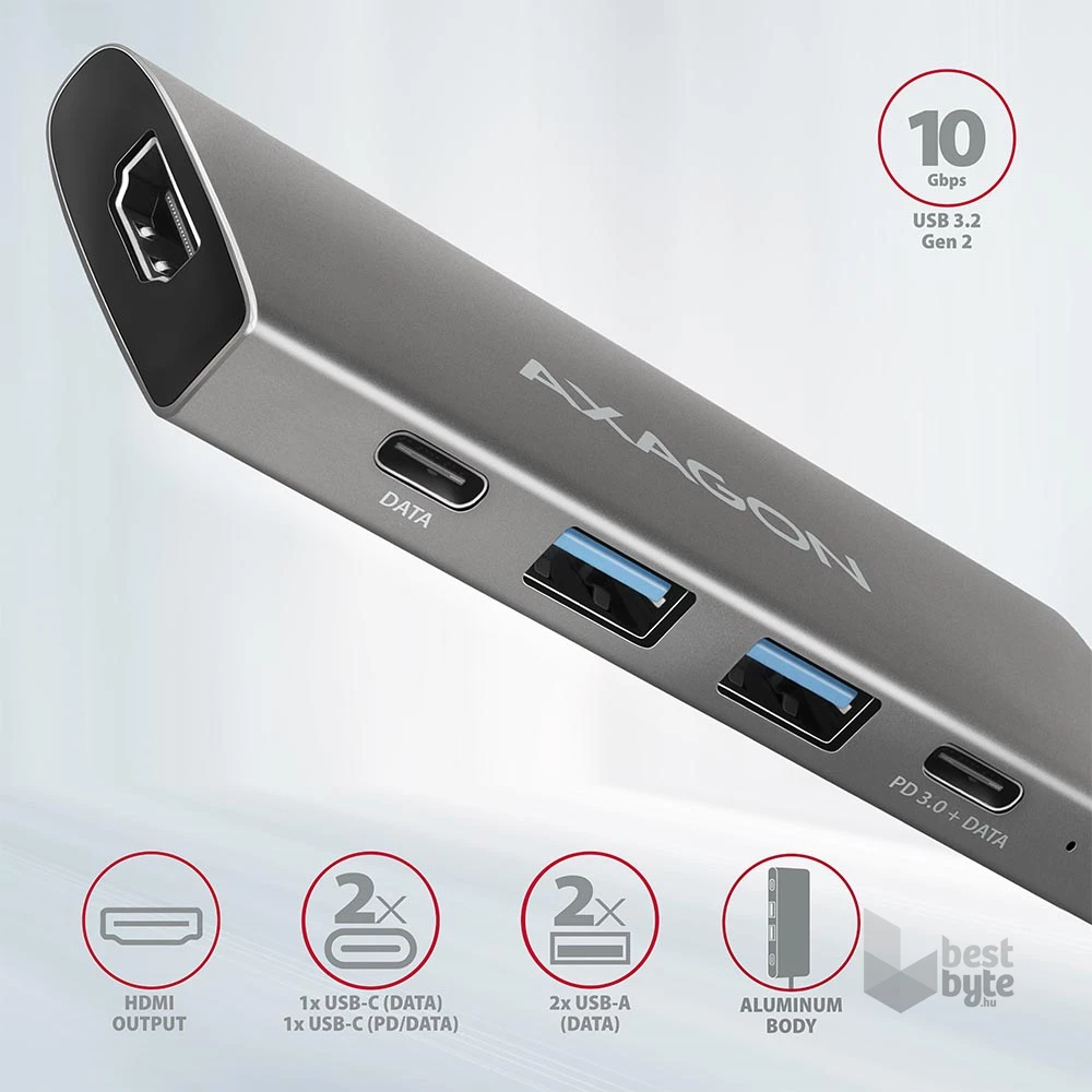 Axagon HMC-5G2 5 portos USB3.2. Gen 2 ezüstfekete HUB
