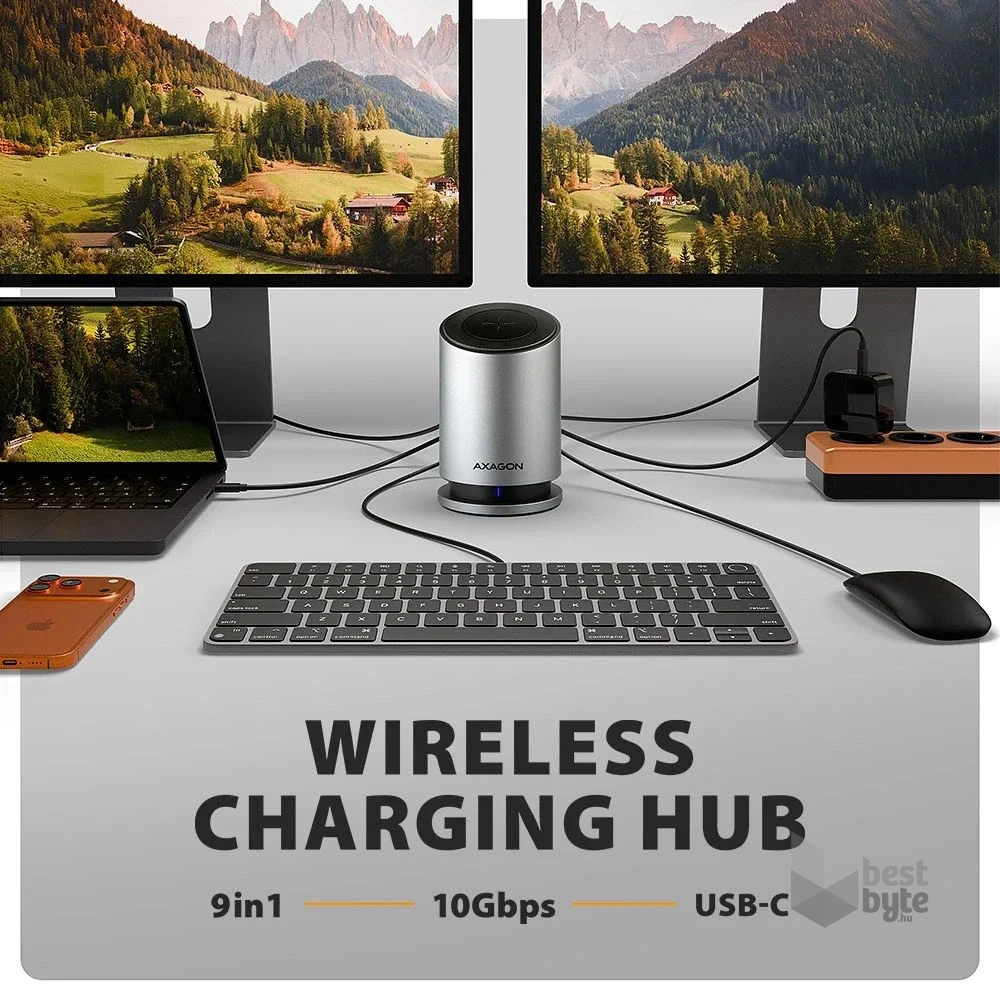 Axagon HMC-WL9 USB-C 10 Gbps 9in1 hub vezeték nélküli töltéssel