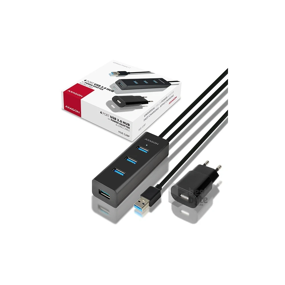 Axagon HUE-S2BP 4 portos USB3.0 gyorstöltő hosszú kábeles HUB tápegységgel
