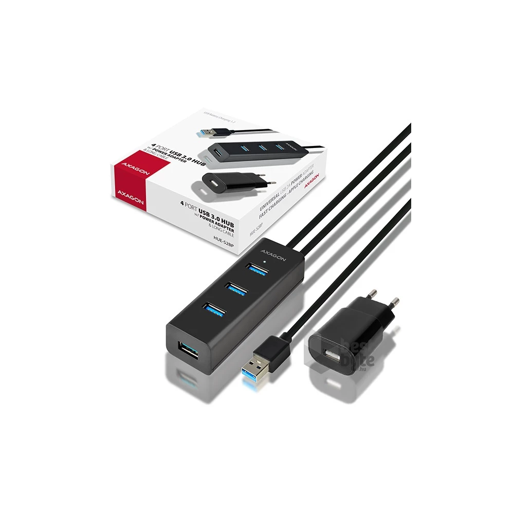Axagon HUE-S2BP 4 portos USB3.0 gyorstöltő hosszú kábeles HUB tápegységgel