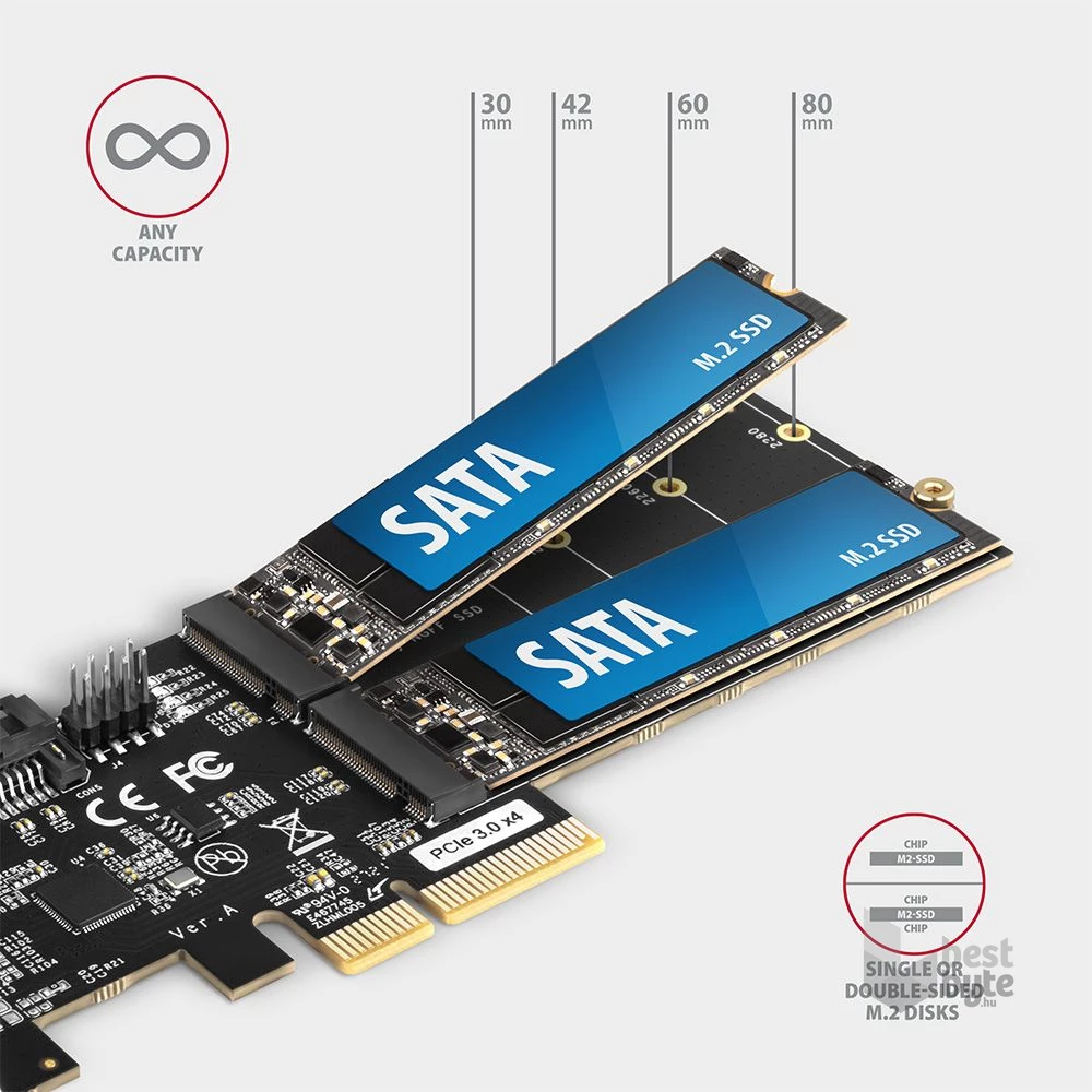 Axagon PCES-SA4M2 2db belső SATAIII portos + 2db SATA M.2 foglalat PCI-Express kártya