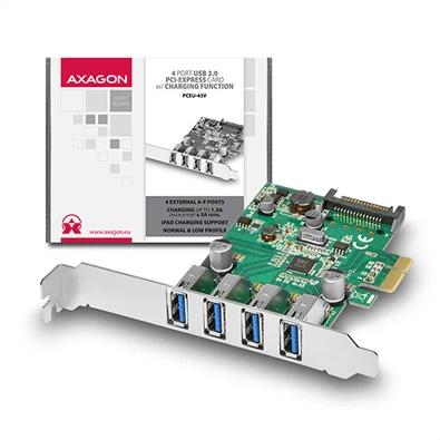 Axagon PCEU-43V 4 db külső USB3.0 portos 1 sávos LP támogatott PCI-Express kártya