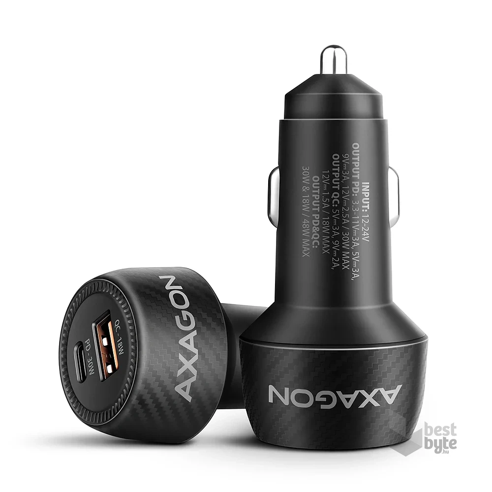 Axagon PWC-PQ48 PD3.0 & QC4+ 2× OUTPUTS 48W két kimenettel (USB-A + USB-C) autós töltő