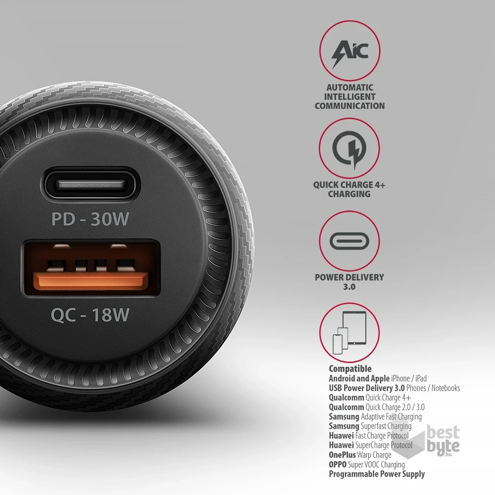 Axagon PWC-PQ48 PD3.0 & QC4+ 2× OUTPUTS 48W két kimenettel (USB-A + USB-C) autós töltő