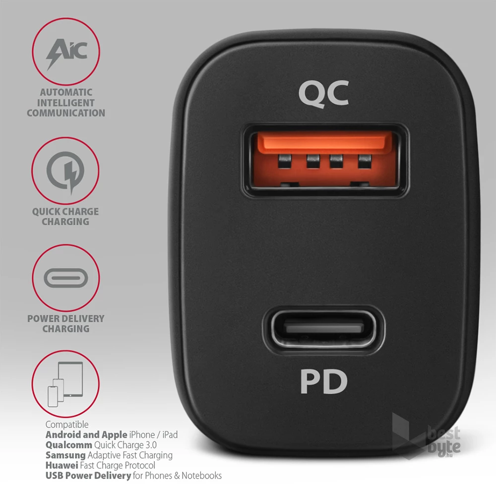 Axagon PWC-PQ38 2x QC3.0 fekete autós töltő
