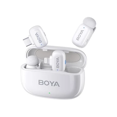 BOYA Mini Ultrakompakt 2 adó + 2 vevő (USB-C + Lightning) fehér vezeték nélküli mikrofon + 1 töltőtok