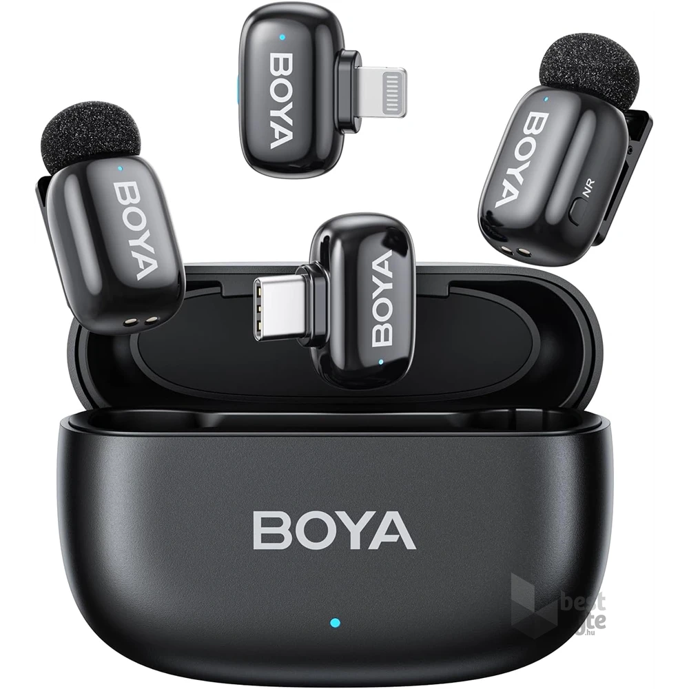 BOYA Mini Ultrakompakt 2 adó + 2 vevő (USB-C + Lightning) fekete vezeték nélküli mikrofon + 1 töltőtok