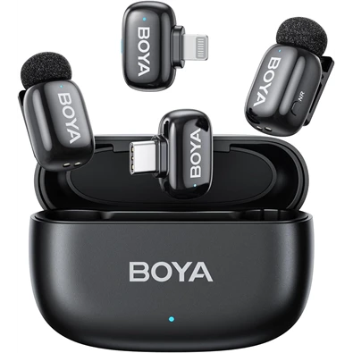 BOYA Mini Ultrakompakt 2 adó + 2 vevő (USB-C + Lightning) fekete vezeték nélküli mikrofon + 1 töltőtok